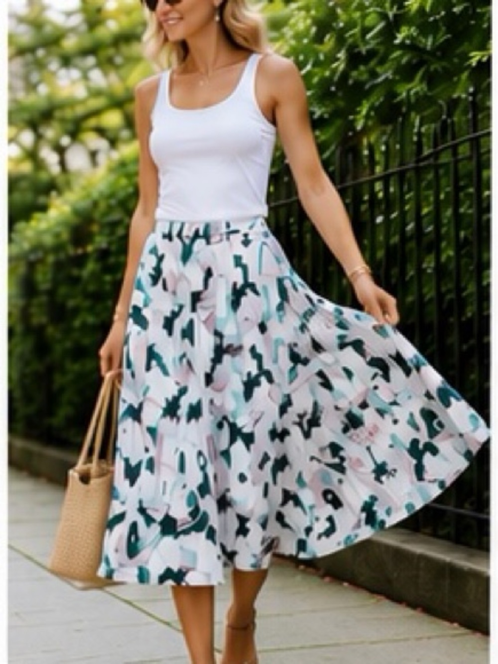 Tory Burch White A-Line Pleated Louisa Silk Skirt, Green & Lilac Floral Print 🌿